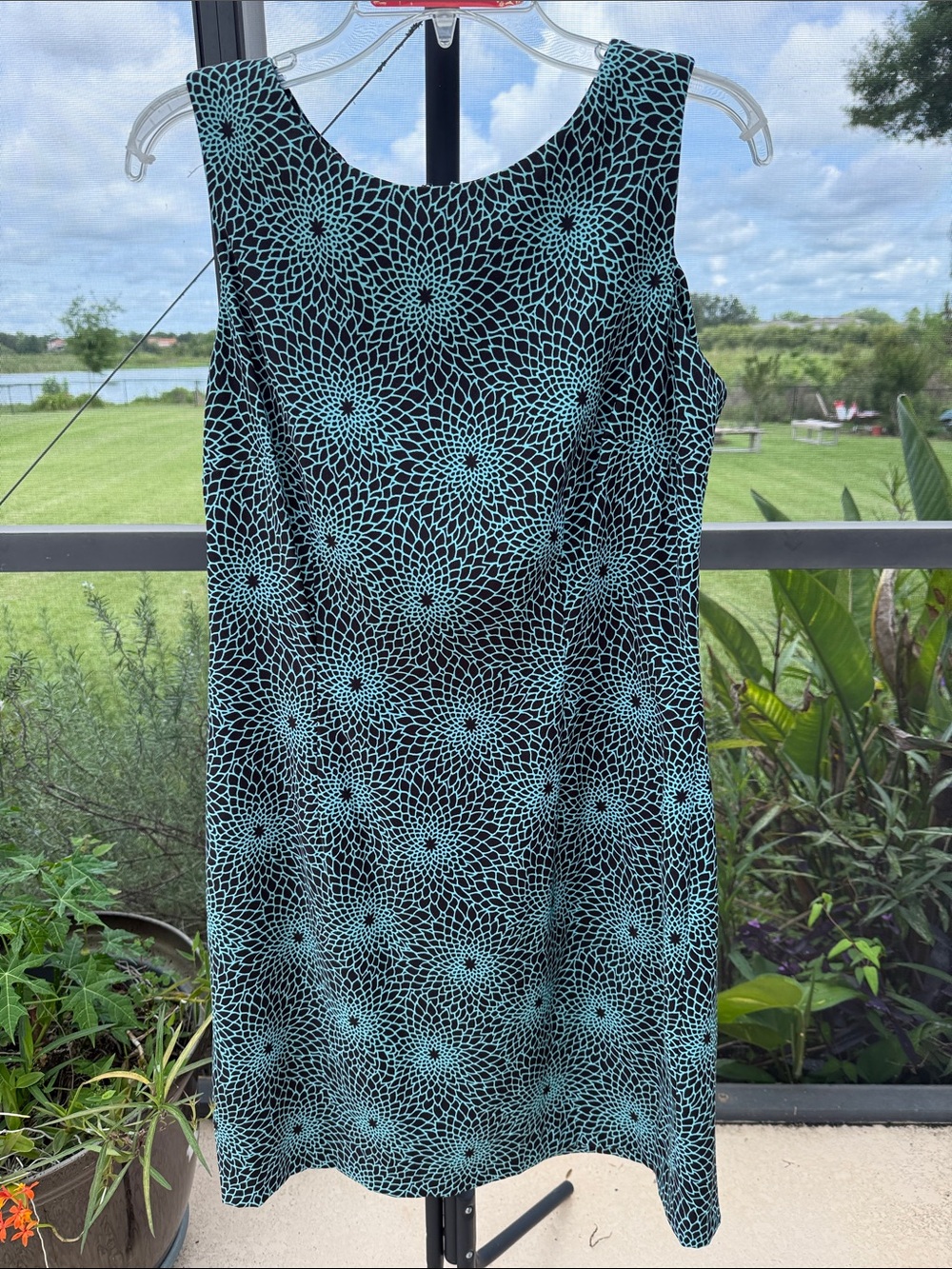 Sleeveless Midi Dress in Black with Teal Floral Web Print